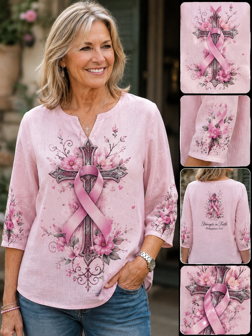 Breast Cancer Awareness Floral Cross V-Neck Blouse