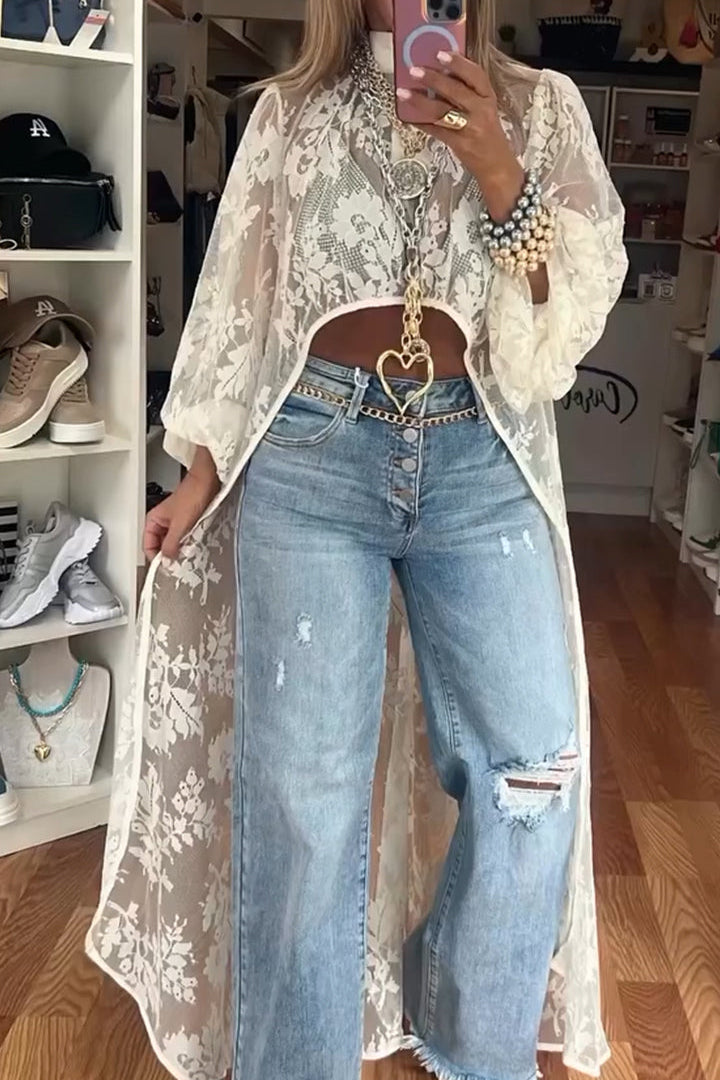 Women's Round Neck Lace Short Front and Long Back Casual Top