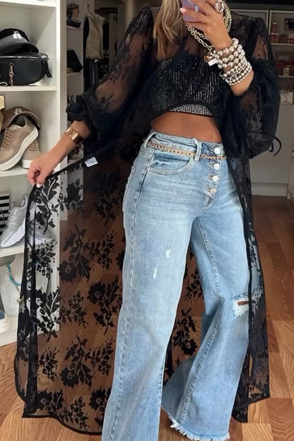 Women's Round Neck Lace Short Front and Long Back Casual Top