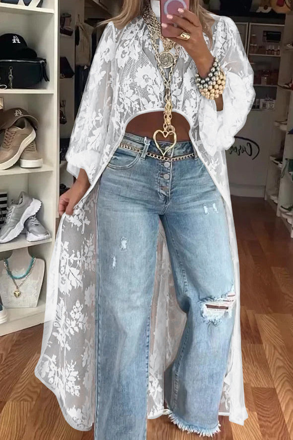 Women's Round Neck Lace Short Front and Long Back Casual Top