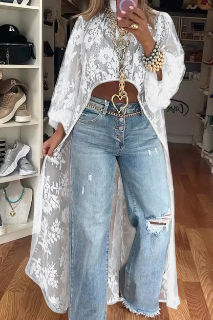 Women's Round Neck Lace Short Front and Long Back Casual Top