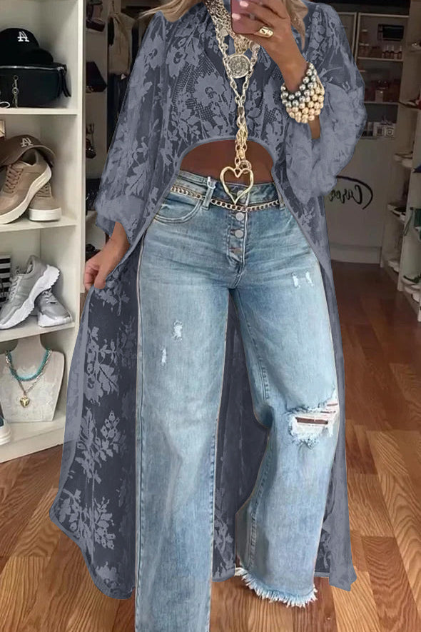 Women's Round Neck Lace Short Front and Long Back Casual Top