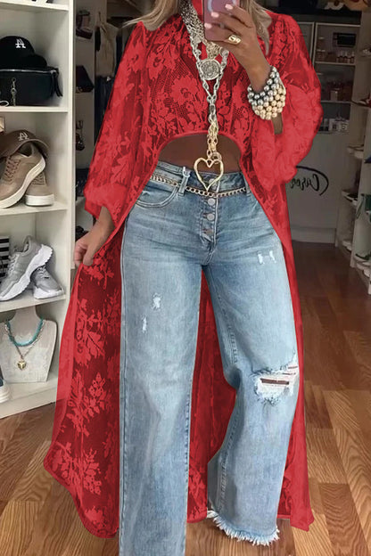 Women's Round Neck Lace Short Front and Long Back Casual Top