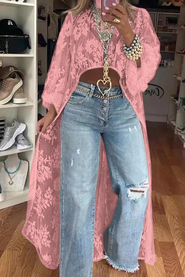 Women's Round Neck Lace Short Front and Long Back Casual Top