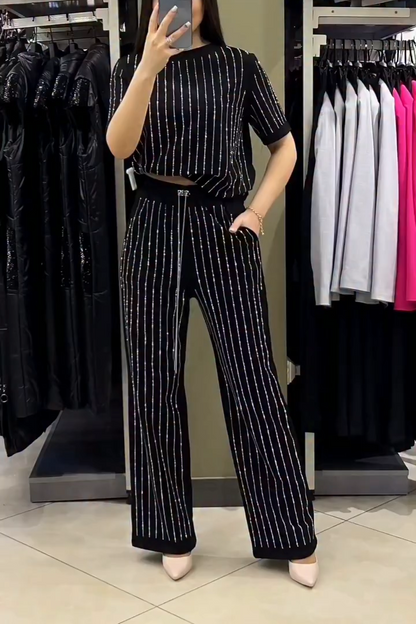 Round Neck Rhinestones Stripe Short Sleeve Two-piece Suit