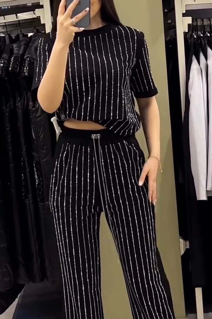 Round Neck Rhinestones Stripe Short Sleeve Two-piece Suit