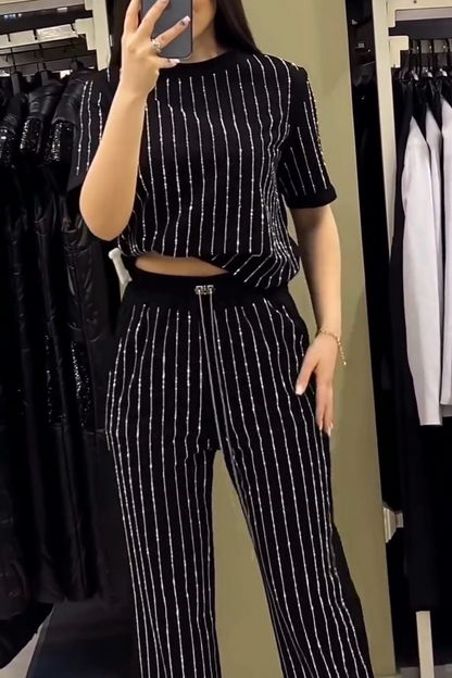 Round Neck Rhinestones Stripe Short Sleeve Two-piece Suit