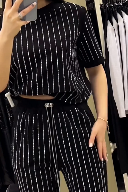 Round Neck Rhinestones Stripe Short Sleeve Two-piece Suit
