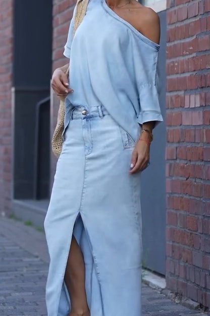 Women's Round Neck Tencel Denim Casual Suit