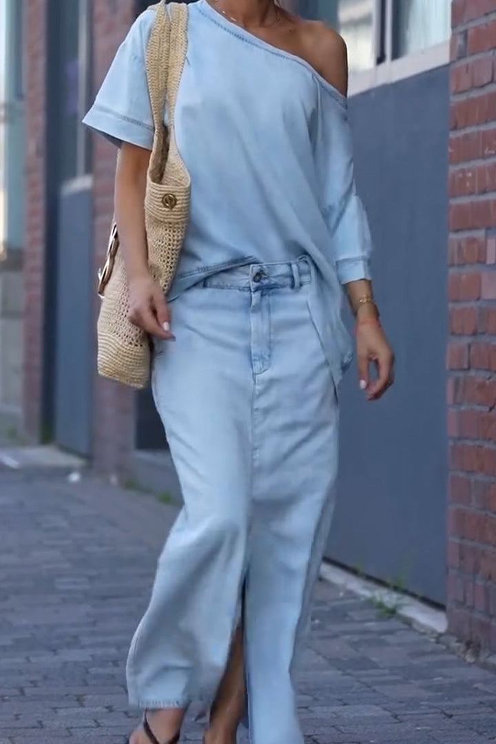 Women's Round Neck Tencel Denim Casual Suit