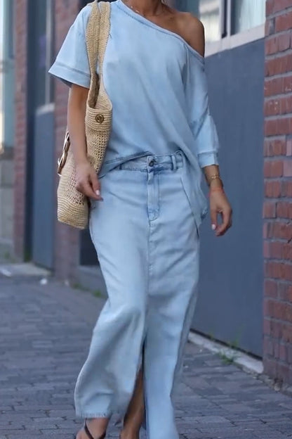 Women's Round Neck Tencel Denim Casual Suit