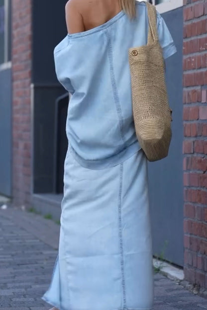 Women's Round Neck Tencel Denim Casual Suit