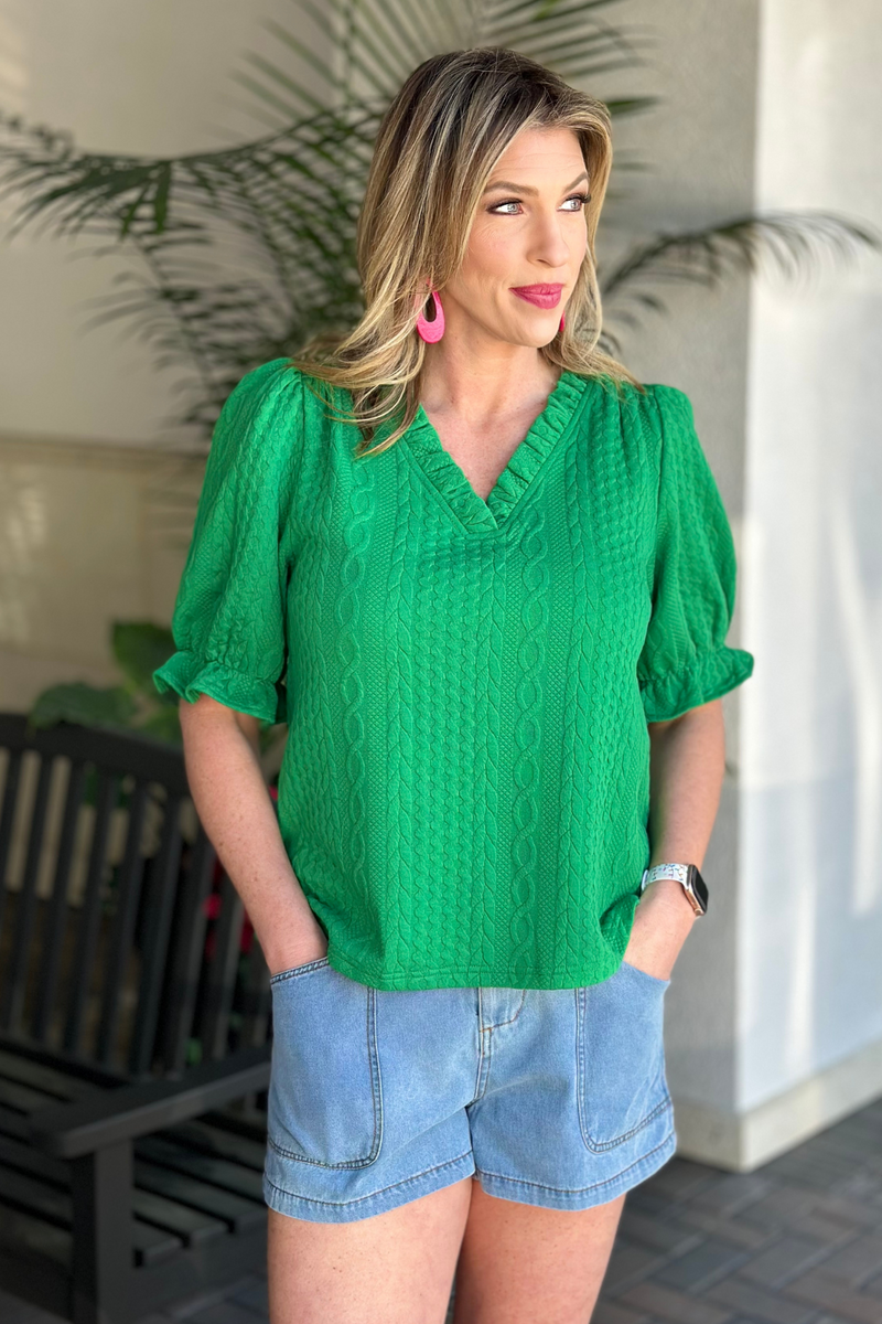 Deep V Ruffle Neck Textured Top