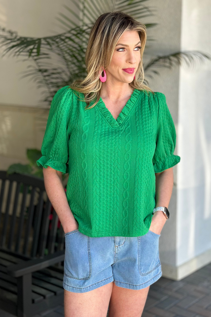 Deep V Ruffle Neck Textured Top