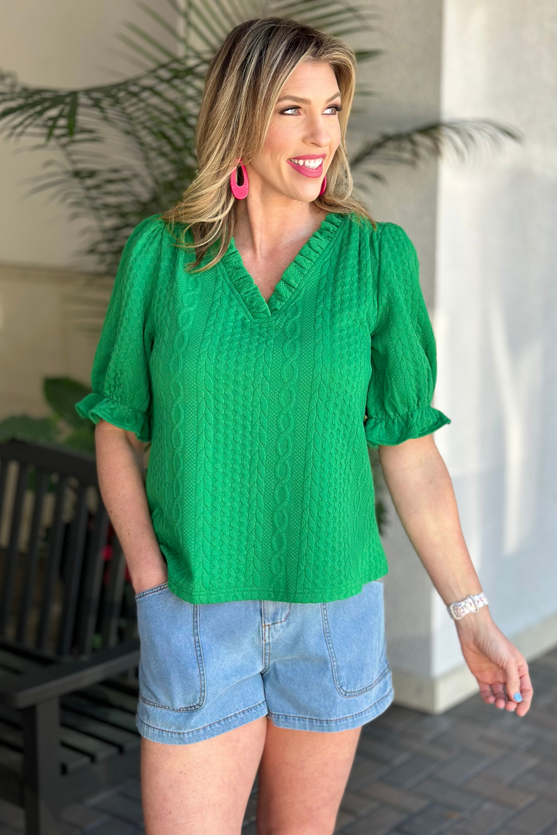 Deep V Ruffle Neck Textured Top