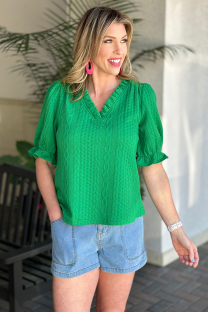 Deep V Ruffle Neck Textured Top