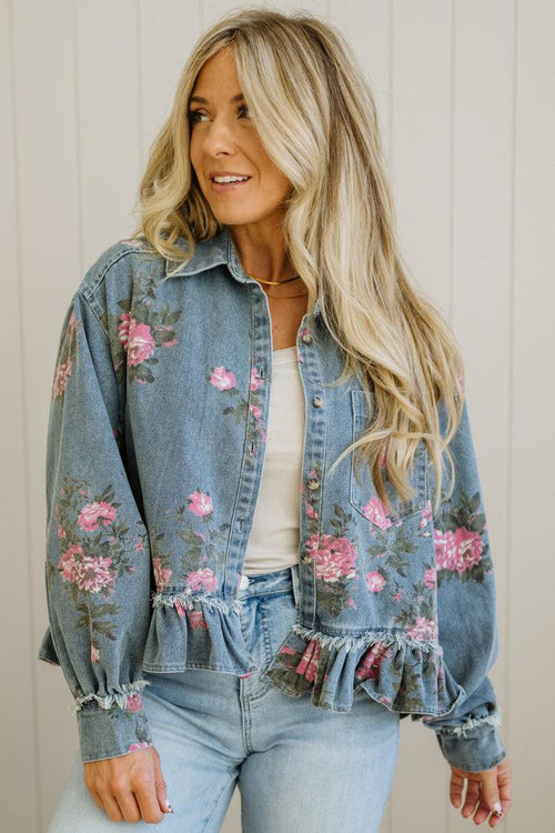 Floral Print Ruffled Denim Jacket
