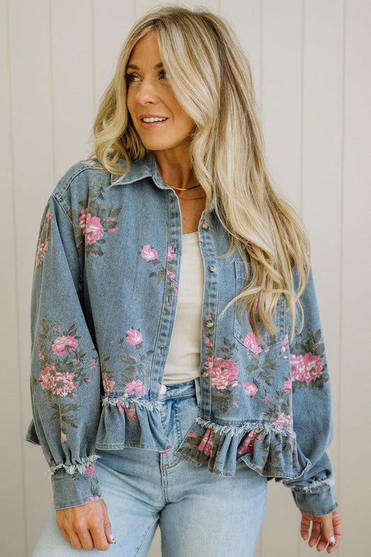 Floral Print Ruffled Denim Jacket