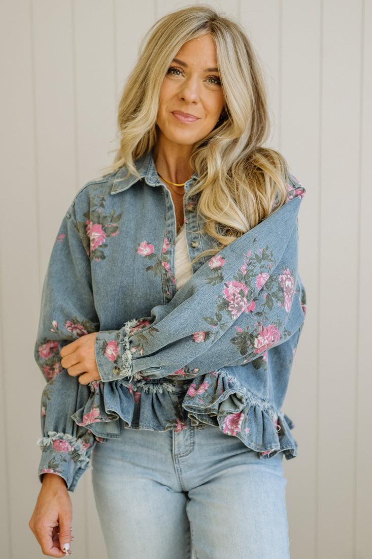 Floral Print Ruffled Denim Jacket