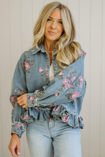 Floral Print Ruffled Denim Jacket