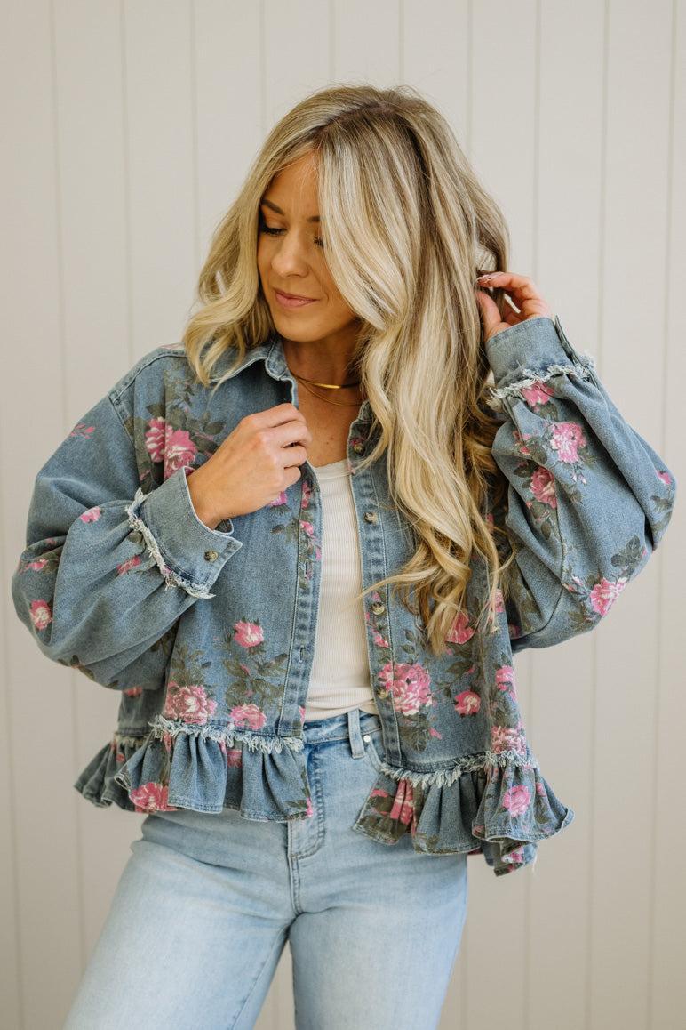 Floral Print Ruffled Denim Jacket
