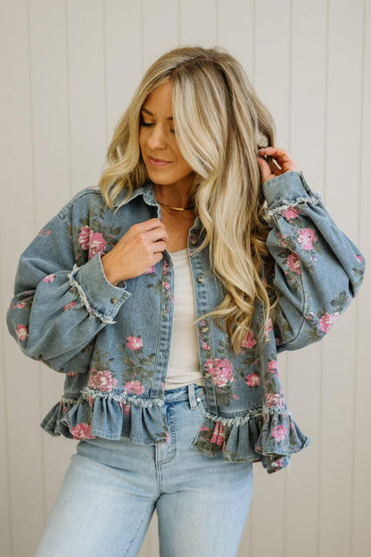 Floral Print Ruffled Denim Jacket