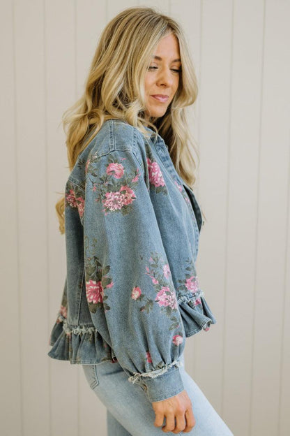 Floral Print Ruffled Denim Jacket