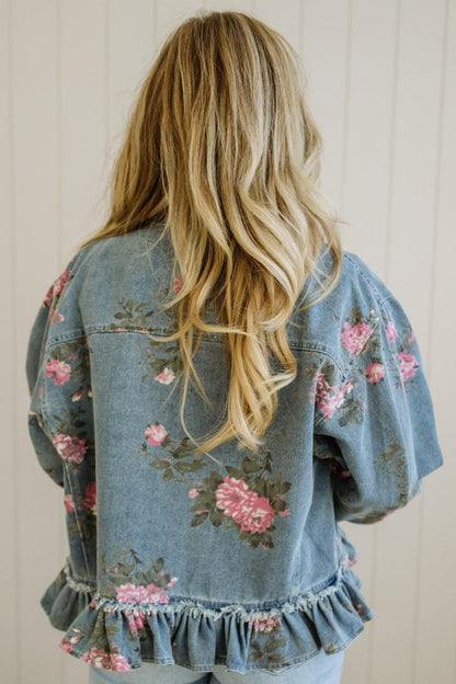 Floral Print Ruffled Denim Jacket