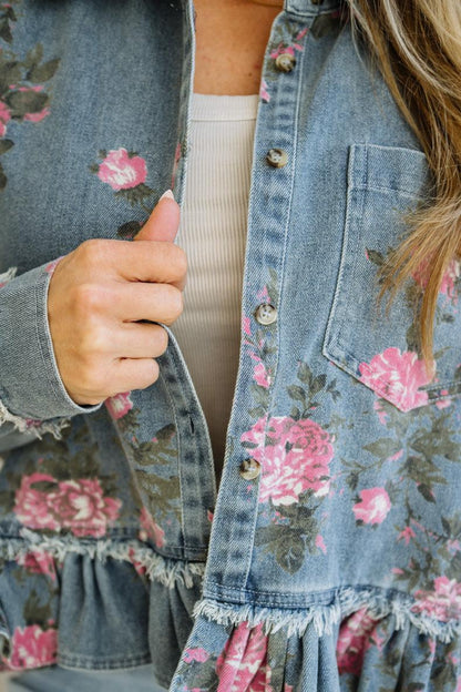 Floral Print Ruffled Denim Jacket