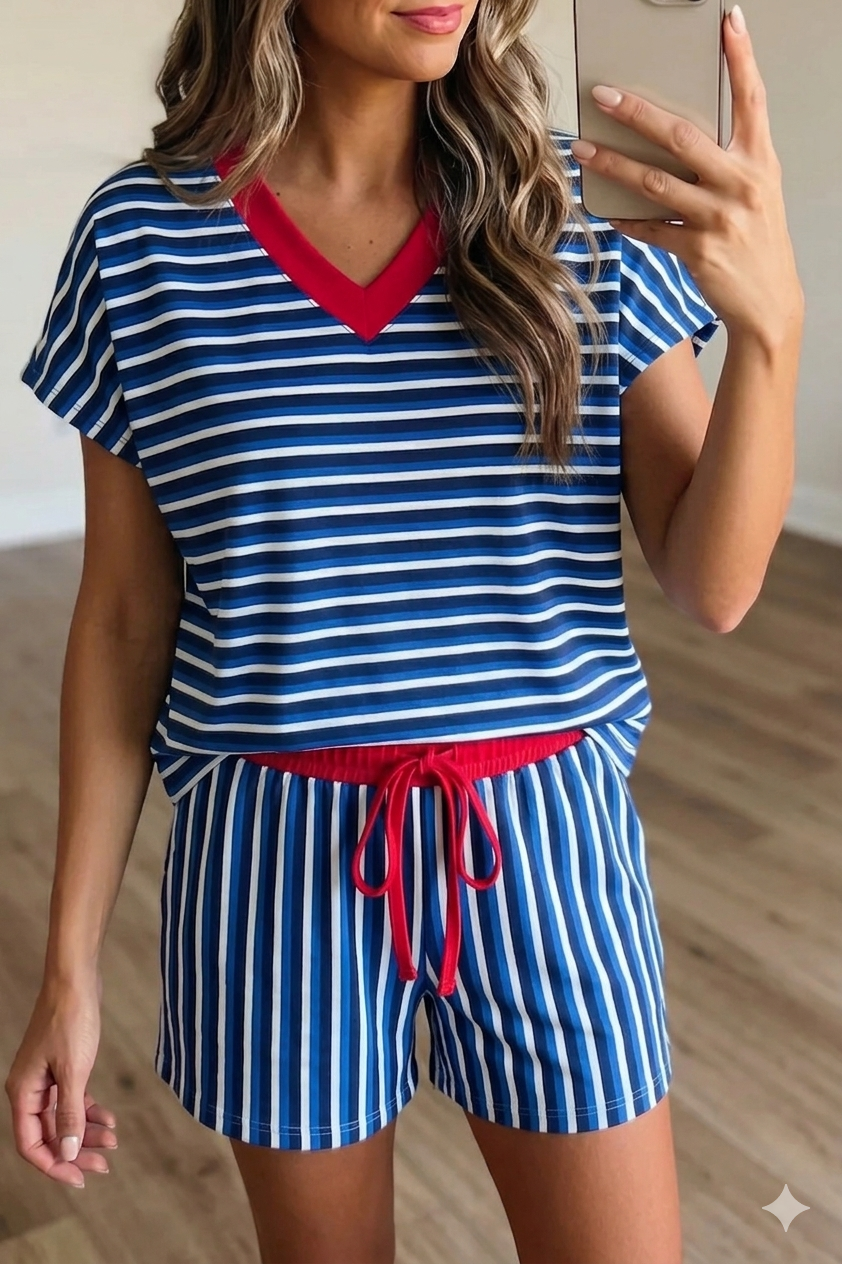Stripe Colorblock Trim V Neck Tee Drawstring Elastic Waist Short Set