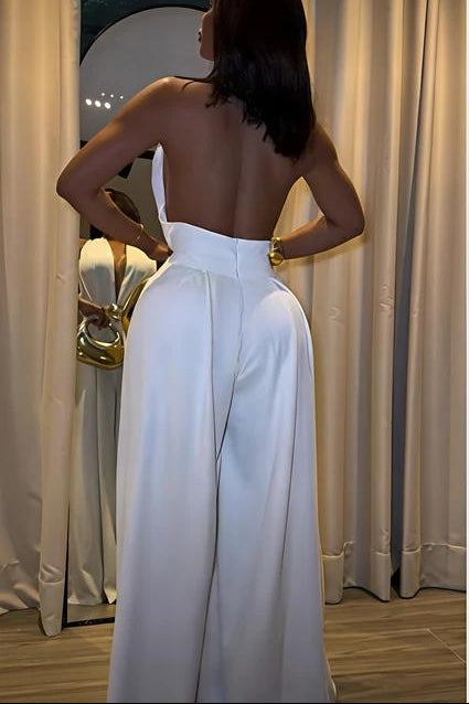 Elegant Halter Neck Wide-Leg Jumpsuit with Gold Buckle Belt