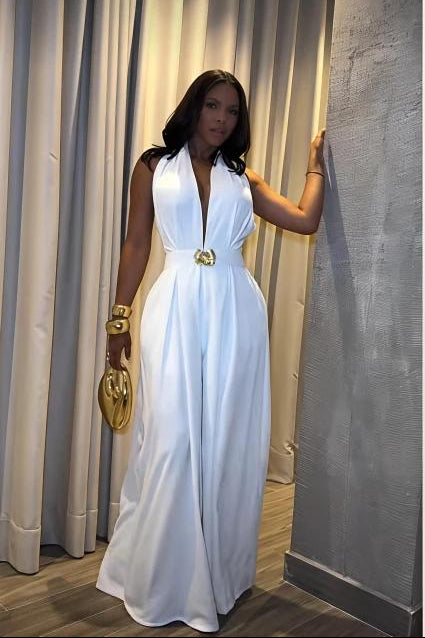 Elegant Halter Neck Wide-Leg Jumpsuit with Gold Buckle Belt