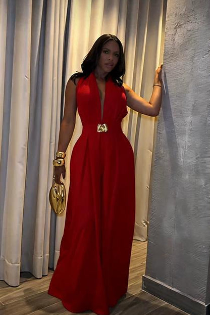 Elegant Halter Neck Wide-Leg Jumpsuit with Gold Buckle Belt