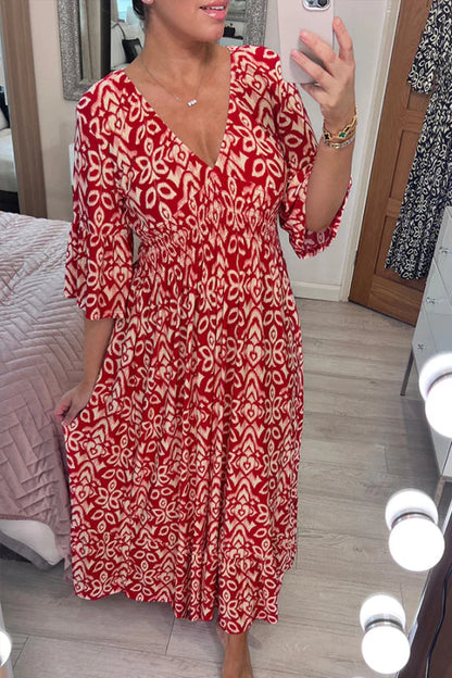 Casual Print V-neck Long Dress