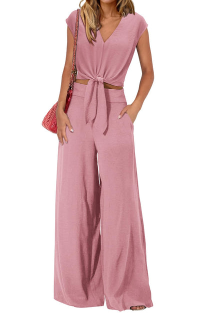 Women's Summer 2 Piece Outfits 2024 Cap Sleeve V Neck Belted Crop Tops Wide Leg Pant Sets Casual Tracksuit