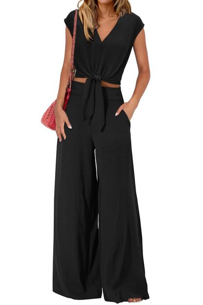 Women's Summer 2 Piece Outfits 2024 Cap Sleeve V Neck Belted Crop Tops Wide Leg Pant Sets Casual Tracksuit