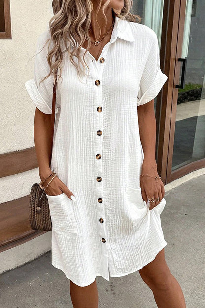 Solid Short Sleeve Pocket Button Shirt Dress