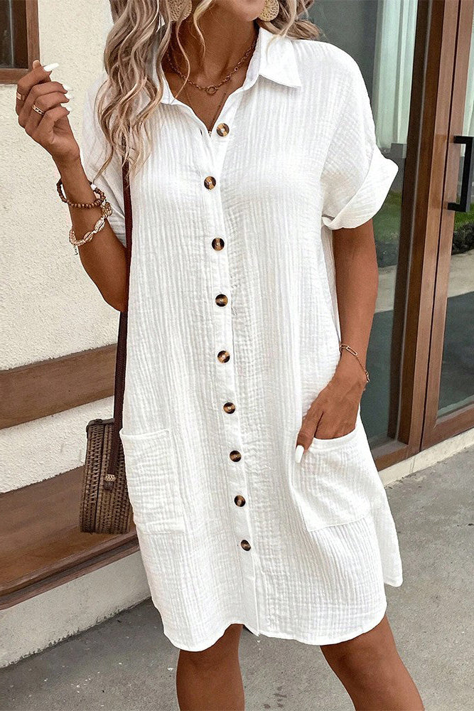 Solid Short Sleeve Pocket Button Shirt Dress