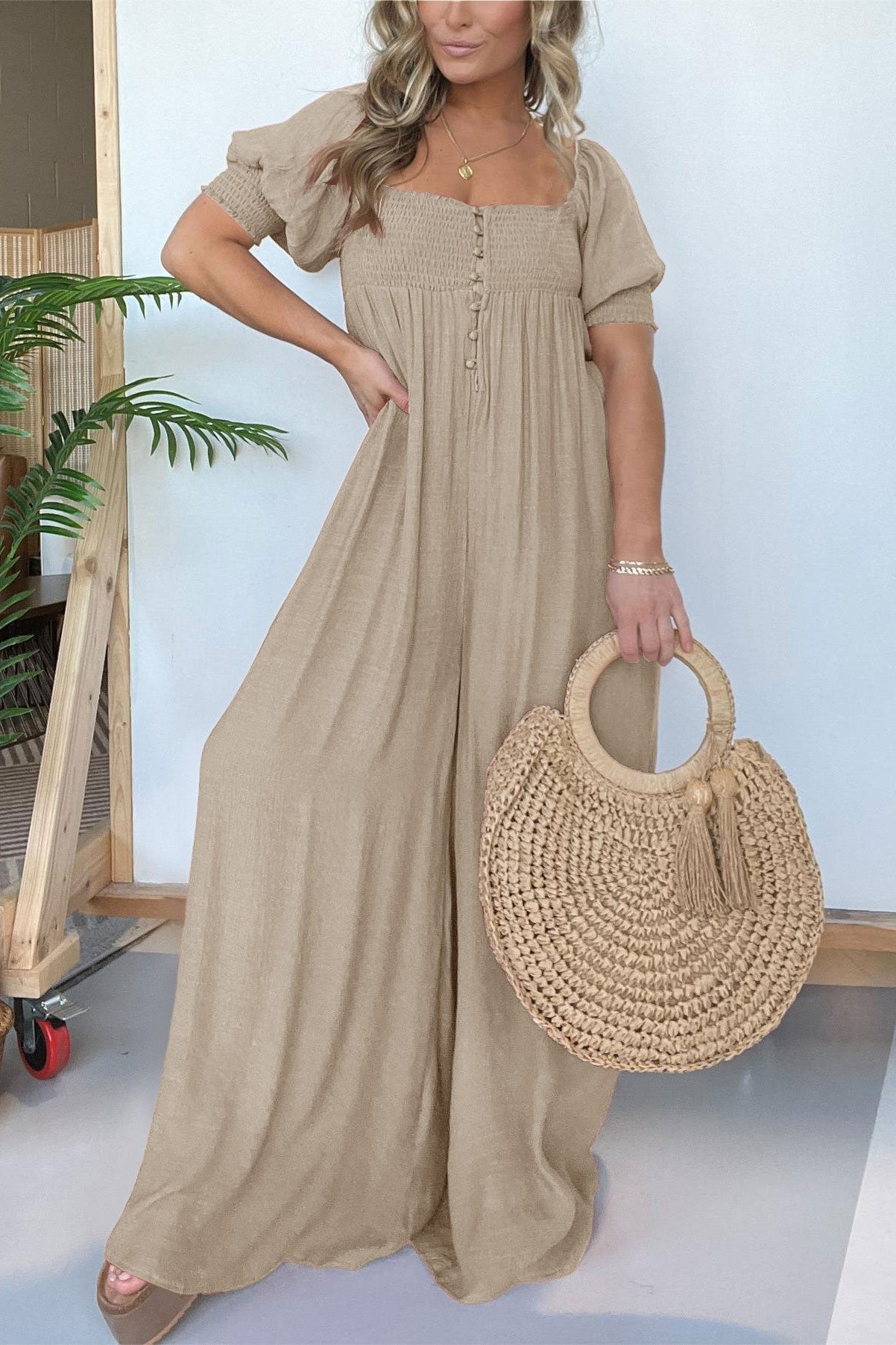 Square Neckline Jumpsuit with Smocked Bodice Button