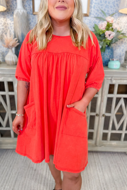 ACID WASHED FLOWY CASUAL DRESS WITH LARGE POCKETS