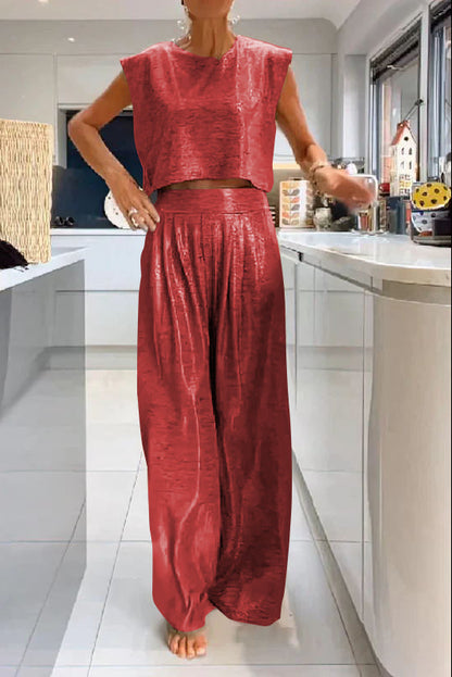 Women's Casual Glossy Vest and Wide Leg Pants Two-piece Set