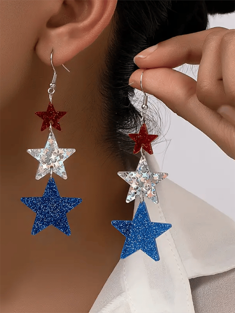 art Independence Day Five-pointed Star Three-color Stitching Glitter Simple Earrings