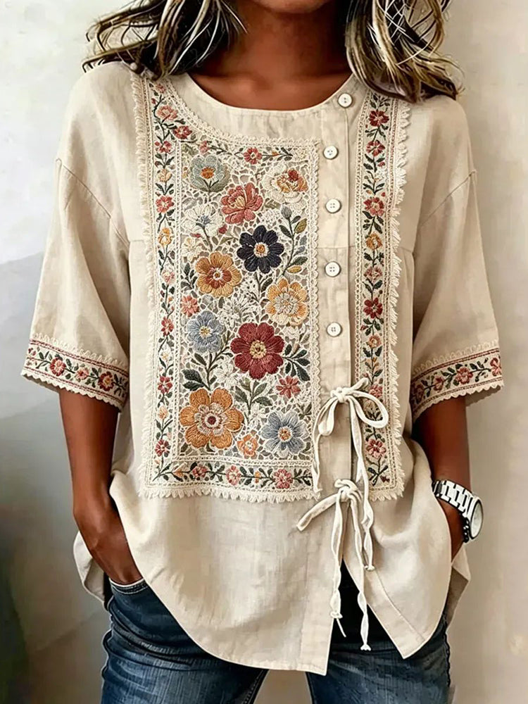 Women's Retro Bohemian Floral Design Short-sleeve Top