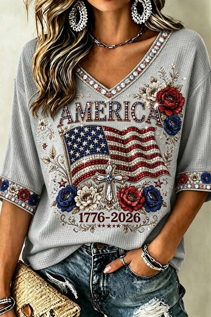 Women's Vintage Independence Day Flag Flower Art V-neck Casual T-shirt