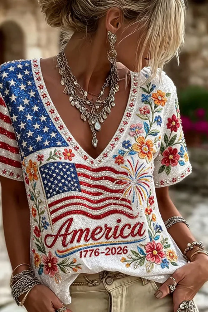 Women's American Anniversary Flag And Floral Art Patchwork Cotton Linen V-neck Top