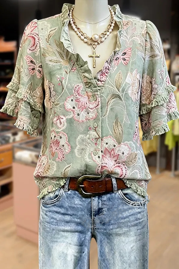 Vintage Floral Print Ruffle Neck Frayed Hem Top