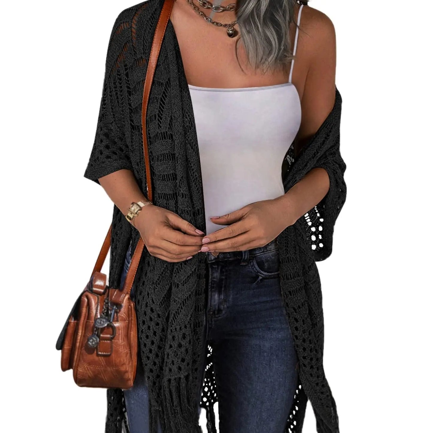 🔥Women’s Oversized Knit Cardigan – Lightweight Crochet Tassel Kimono for Spring & Summer 🌸