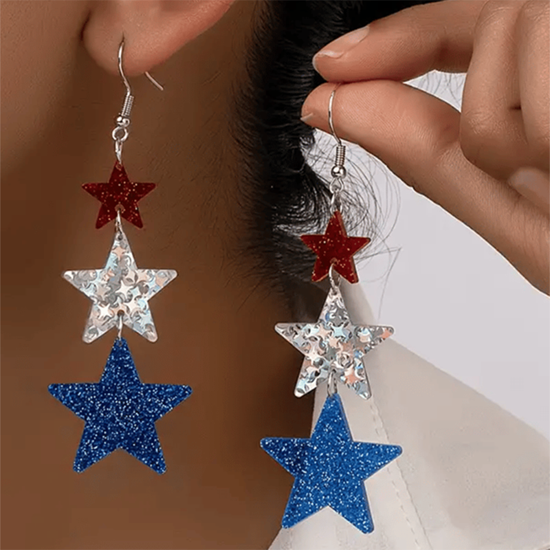 art Independence Day Five-pointed Star Three-color Stitching Glitter Simple Earrings