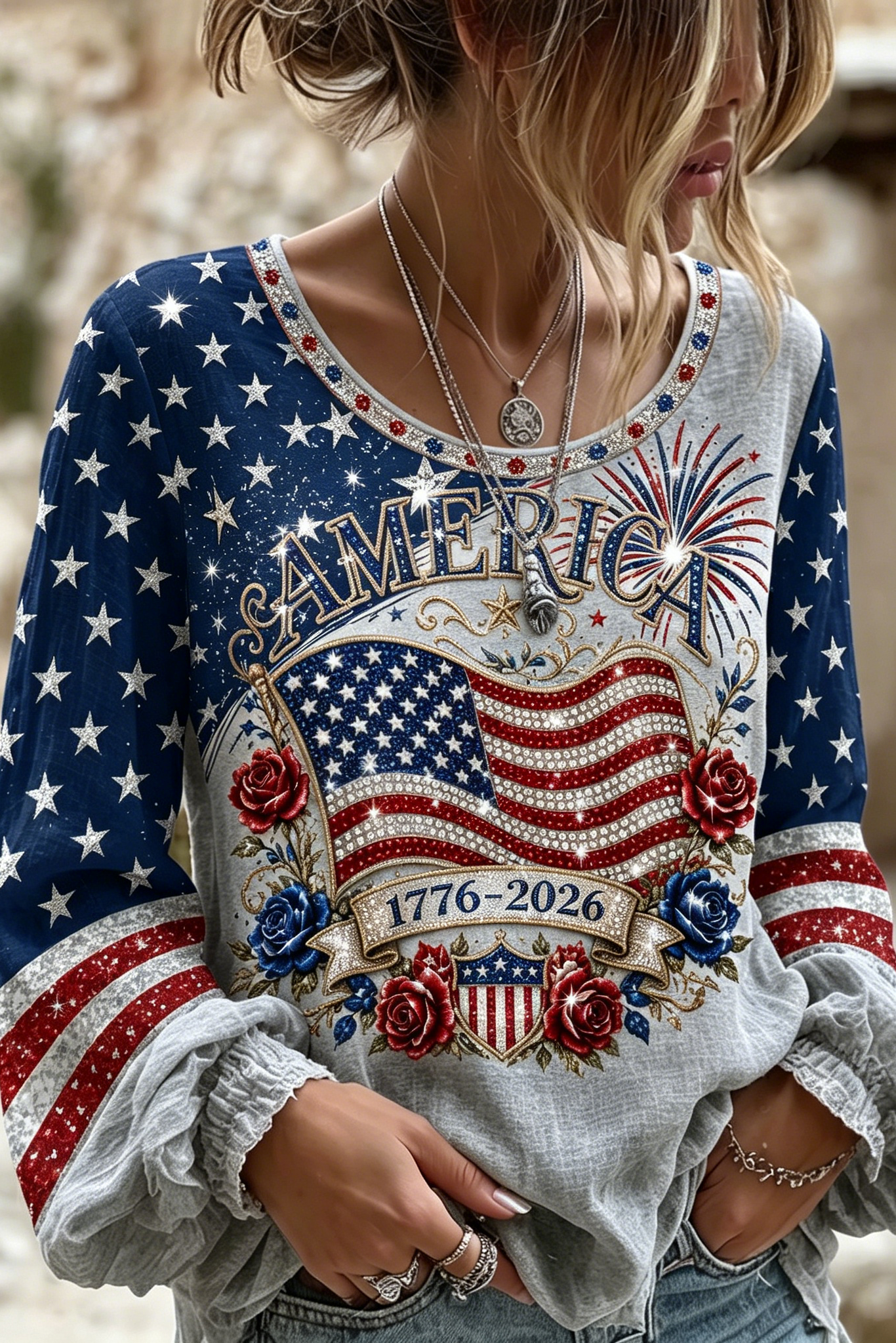 Women's Retro Independence Day Anniversary Print Art T-shirt