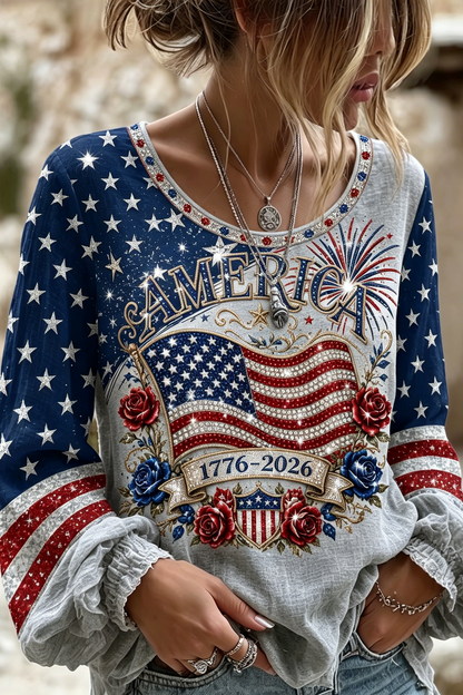 Women's Retro Independence Day Anniversary Print Art T-shirt